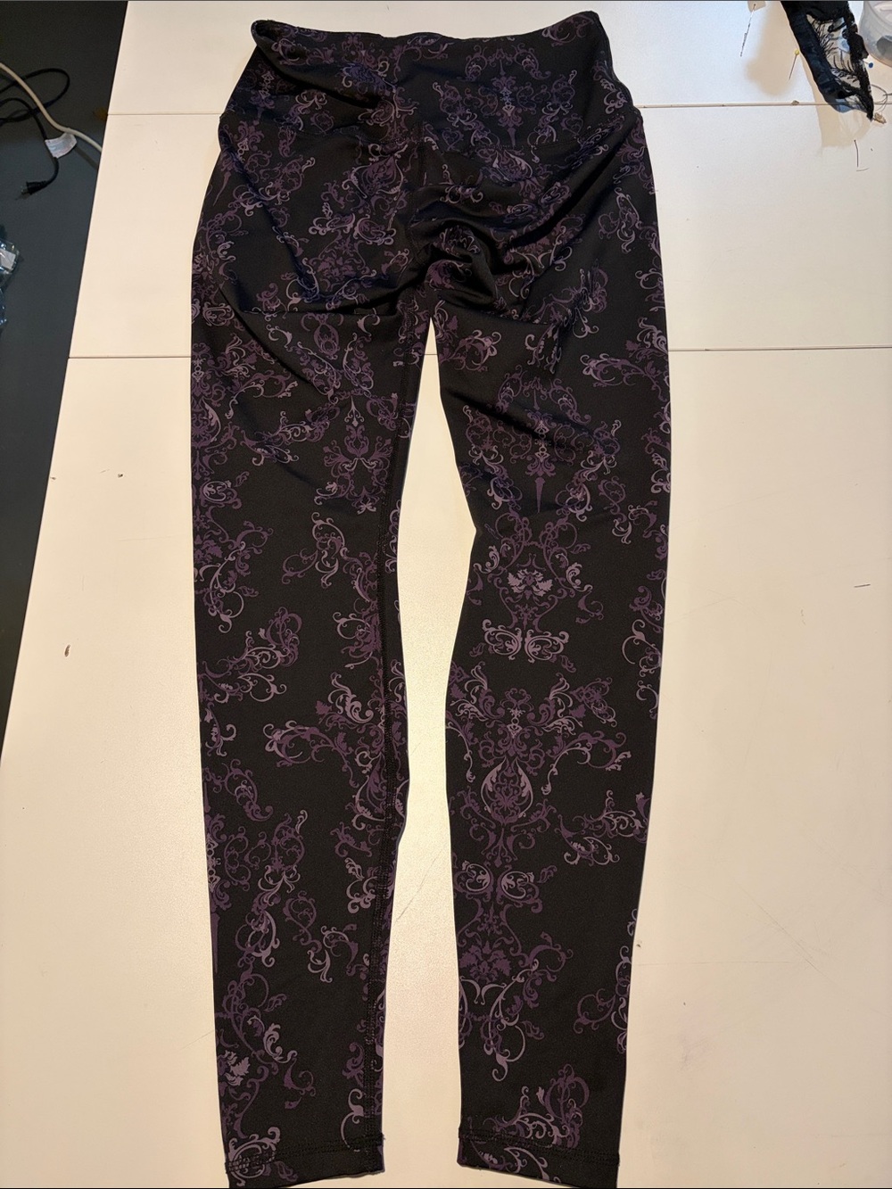 Women's Black Leggings with Purple Damask Print - Picture 6 of 6